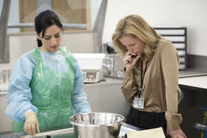 Jagen einen Serienmörder: Pathologin Reed Smith (Archie Panjabi, l.) und DSI Stella Gibson (Gillian Anderson) (Bild: ZDF/Steffan Hill)